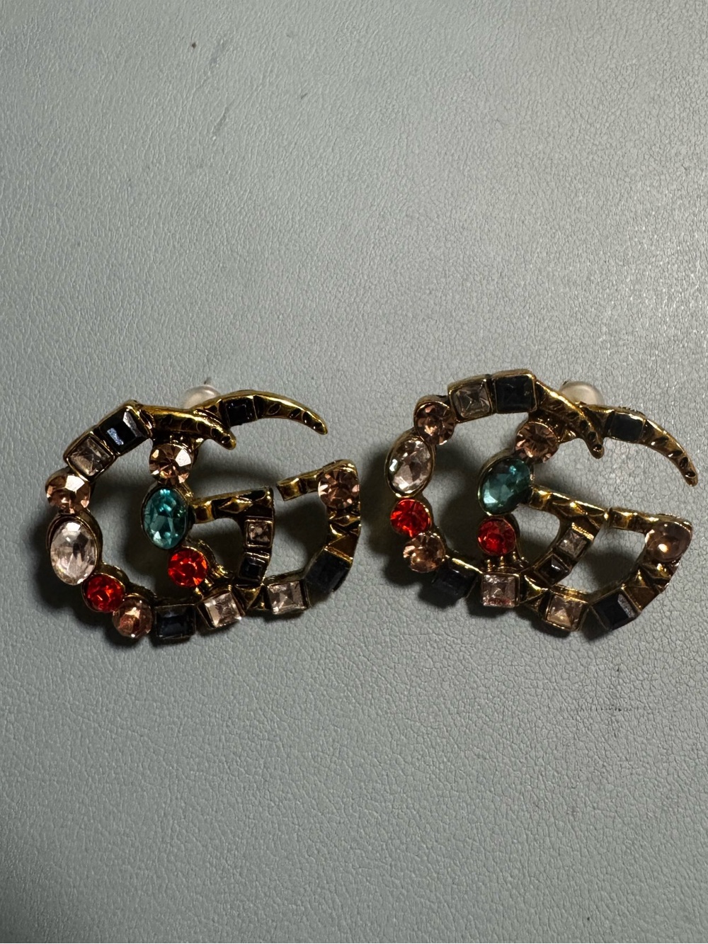 Gucci Gold-Tone Double G Crystal Earrings with Red, Teal, and Clear Stones